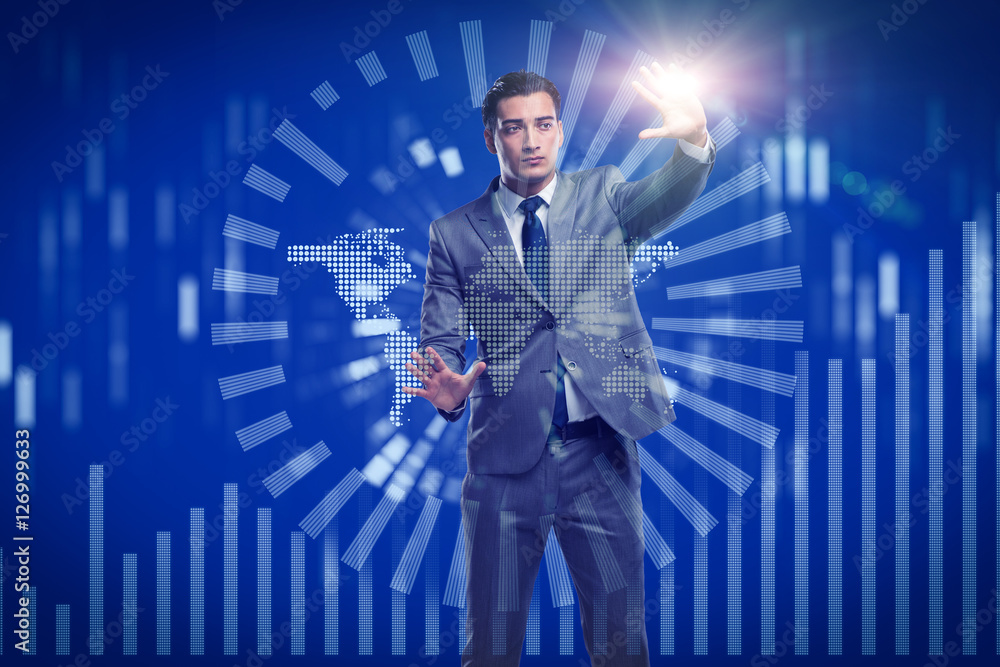 Businessman pressing virtual buttons in futuristic concept Businessman pressing virtual buttons in futuristic concept