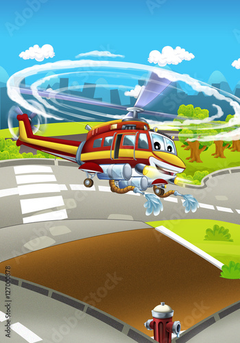 Cartoon happy and funny traditional scene with duty vehicle - firefighter helicopter - illustration for children