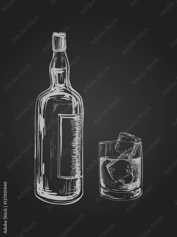 Fototapeta premium Whiskey Bottle and Glass. Hand Drawn Drink Vector Illustration