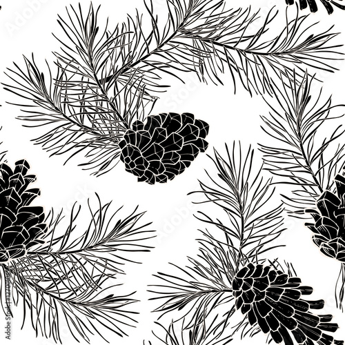 Hand-Drawn seamless pattern with pine cones and branches of coniferous evergreen tree
