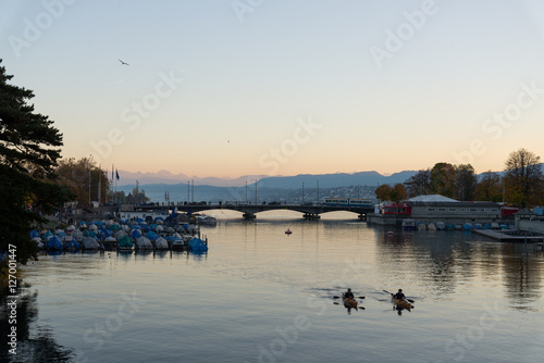 Scenery of lake Zurich during sunset. 