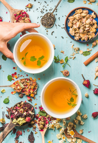 Two cups of healthy herbal tea with mint, cinnamon, dried rose and camomile flowers in different spoons and woman's hand holding one cup over blue wooden background, top view