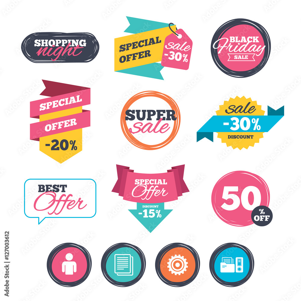 Sale stickers, online shopping. Accounting workflow icons. Human silhouette, cogwheel gear and documents folders signs symbols. Website badges. Black friday. Vector