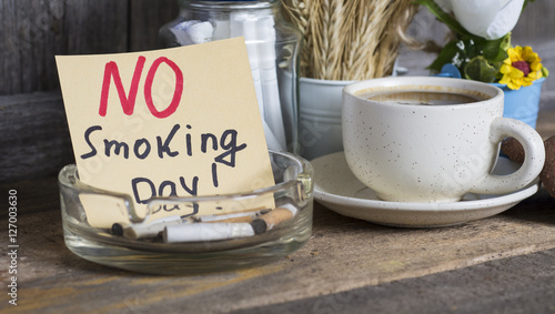 breakfast cup of coffee and cookies, a pack of cigarettes shut down by chain. World No Tobacco (smoking) Day infocard. dark filter 