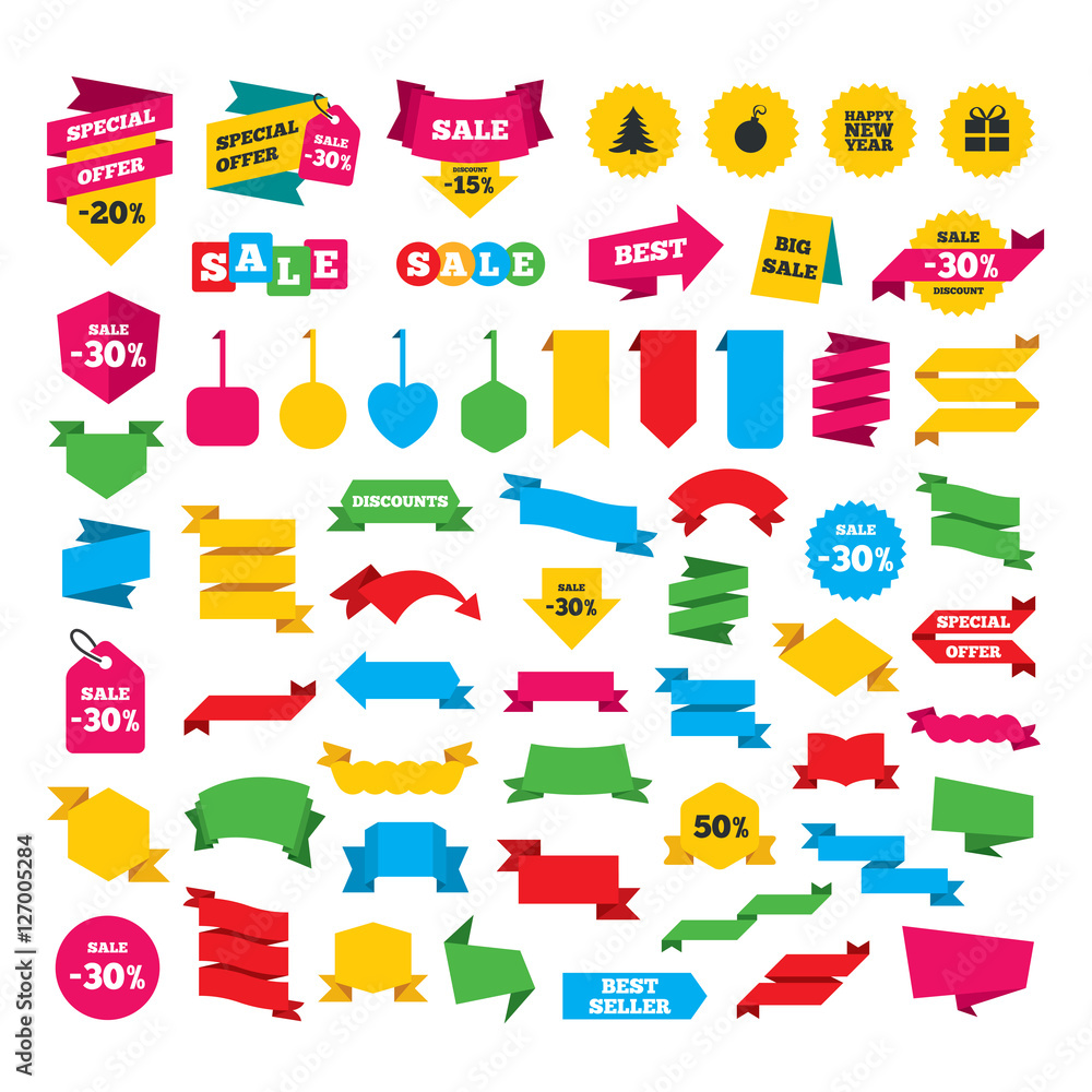 Web stickers, banners and labels. Happy new year icon. Christmas tree and gift box sign symbols. Special offer tags. Vector Web stickers, banners and labels. Happy new year icon. Christmas tree and gift box sign symbols. Special offer tags. Vector