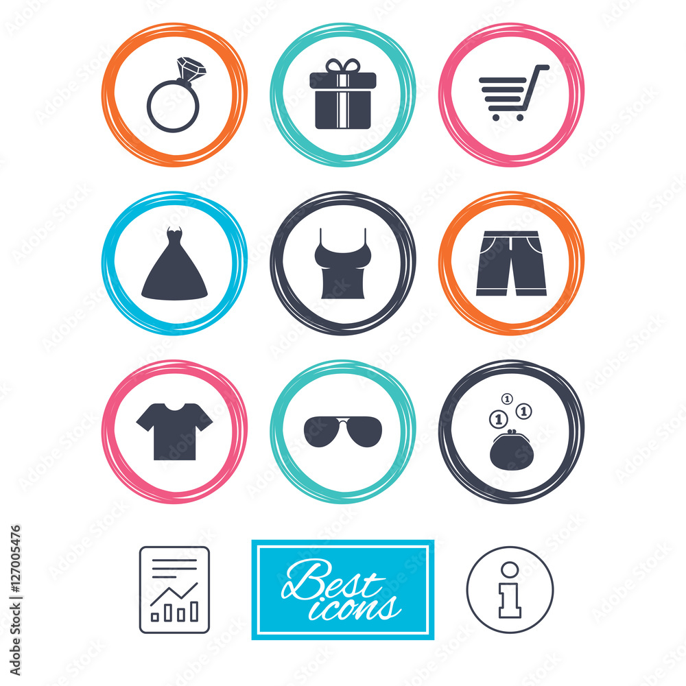 Clothes, accessories icons. T-shirt, sunglasses signs. Wedding dress and ring symbols. Report document, information icons. Vector