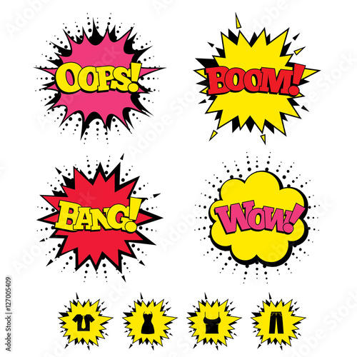 Comic Boom, Wow, Oops sound effects. Clothes icons. T-shirt with business tie and pants signs. Women dress symbol. Speech bubbles in pop art. Vector