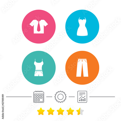 Clothes icons. T-shirt with business tie and pants signs. Women dress symbol. Calendar, cogwheel and report linear icons. Star vote ranking. Vector