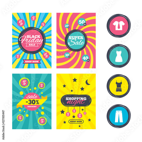 Sale website banner templates. Clothes icons. T-shirt with business tie and pants signs. Women dress symbol. Ads promotional material. Vector