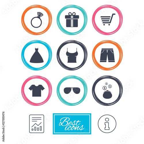 Clothes, accessories icons. T-shirt, sunglasses signs. Wedding dress and ring symbols. Report document, information icons. Vector