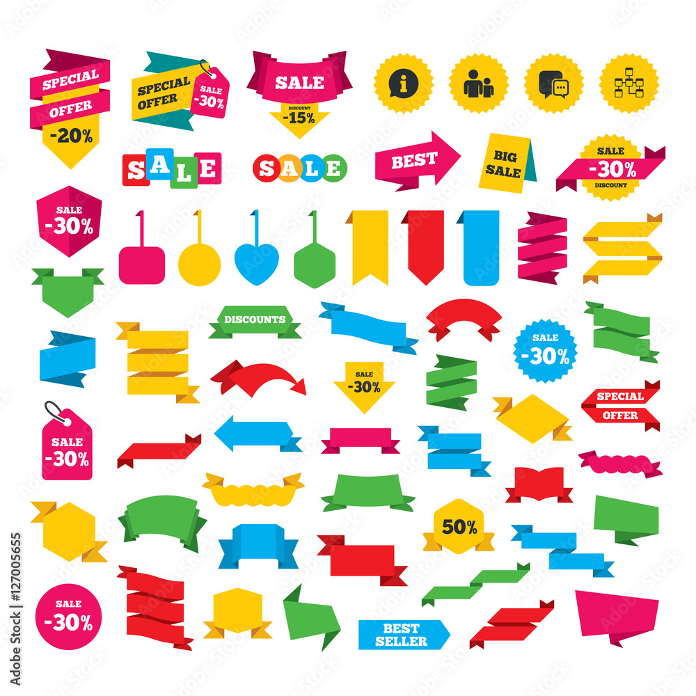 Web stickers, banners and labels. Information sign. Group of people and database symbols. Chat speech bubbles sign. Communication icons. Special offer tags. Vector