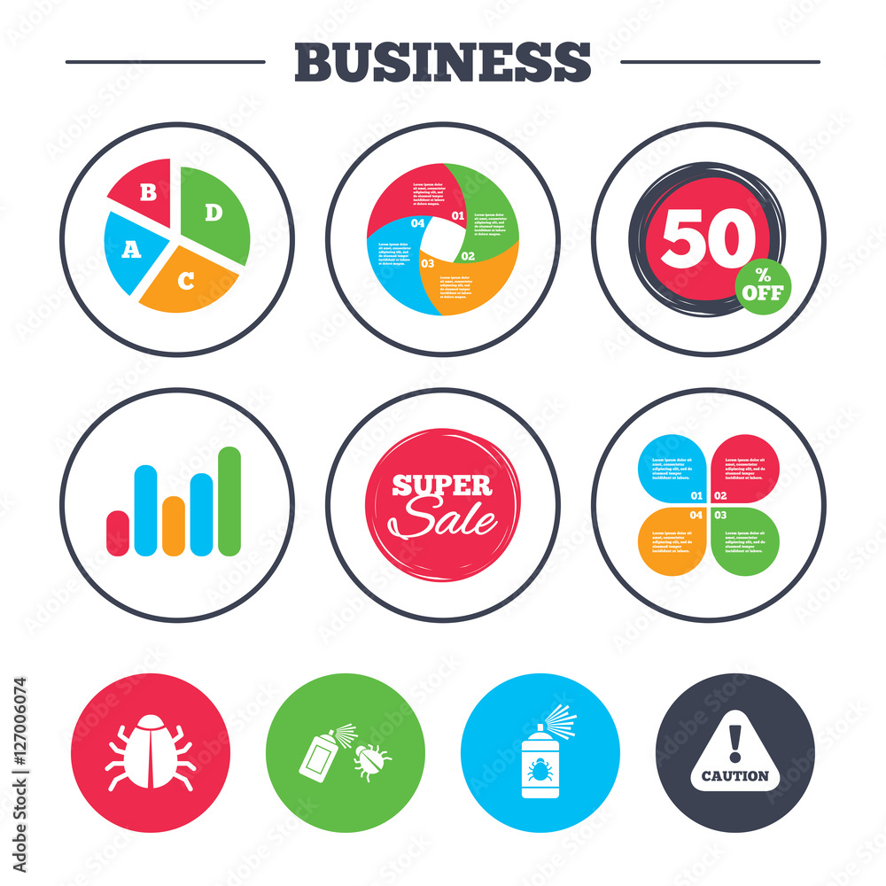 Business pie chart. Growth graph. Bug disinfection icons. Caution attention symbol. Insect fumigation spray sign. Super sale and discount buttons. Vector Business pie chart. Growth graph. Bug disinfection icons. Caution attention symbol. Insect fumigation spray sign. Super sale and discount buttons. Vector