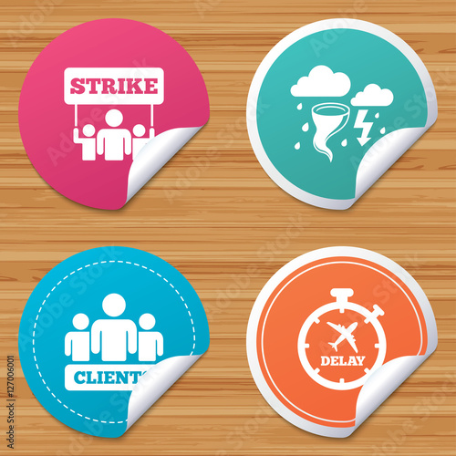 Round stickers or website banners. Strike icon. Storm bad weather and group of people signs. Delayed flight symbol. Circle badges with bended corner. Vector