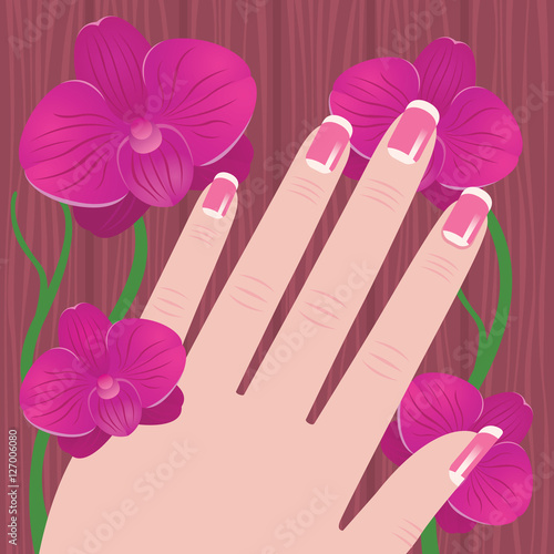 Hand of a woman with French manicure on a tree and pink orchid b