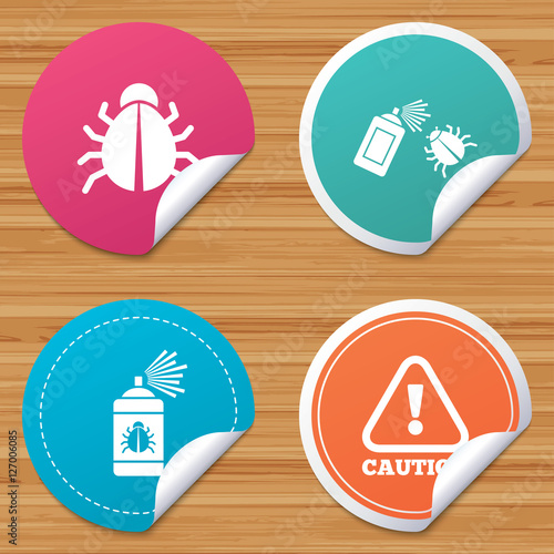 Round stickers or website banners. Bug disinfection icons. Caution attention symbol. Insect fumigation spray sign. Circle badges with bended corner. Vector