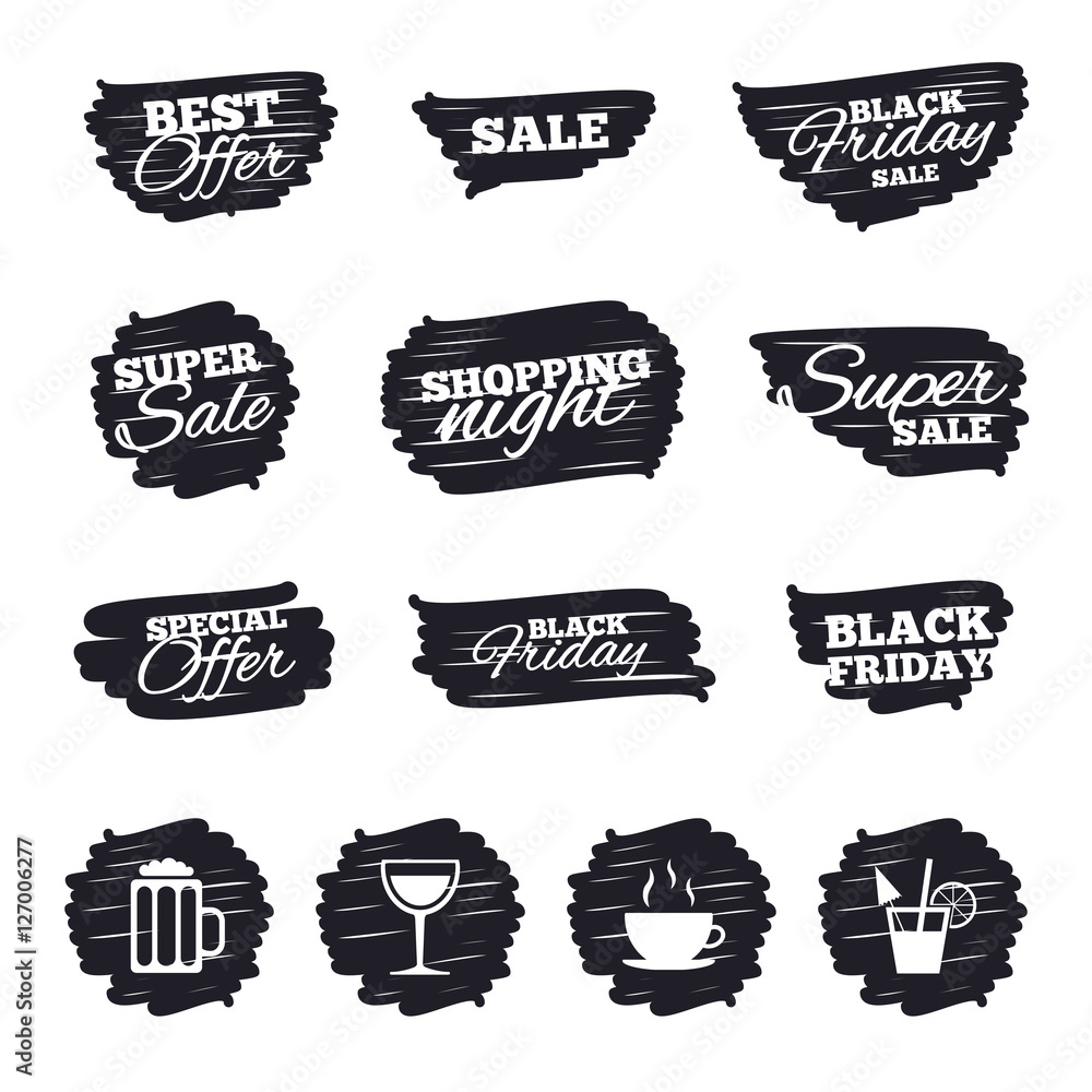 Ink brush sale stripes and banners. Drinks icons. Coffee cup and glass of beer symbols. Wine glass and cocktail signs. Black friday. Ink stroke. Vector