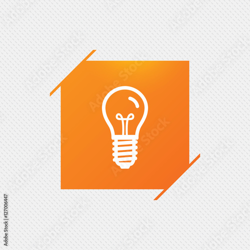 Light bulb icon. Lamp E14 screw socket symbol. Illumination sign. Orange square label on pattern. Vector