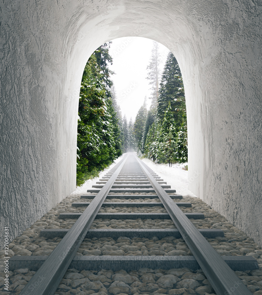 Fototapeta Tunel kolejowy z widokiem na krajobraz