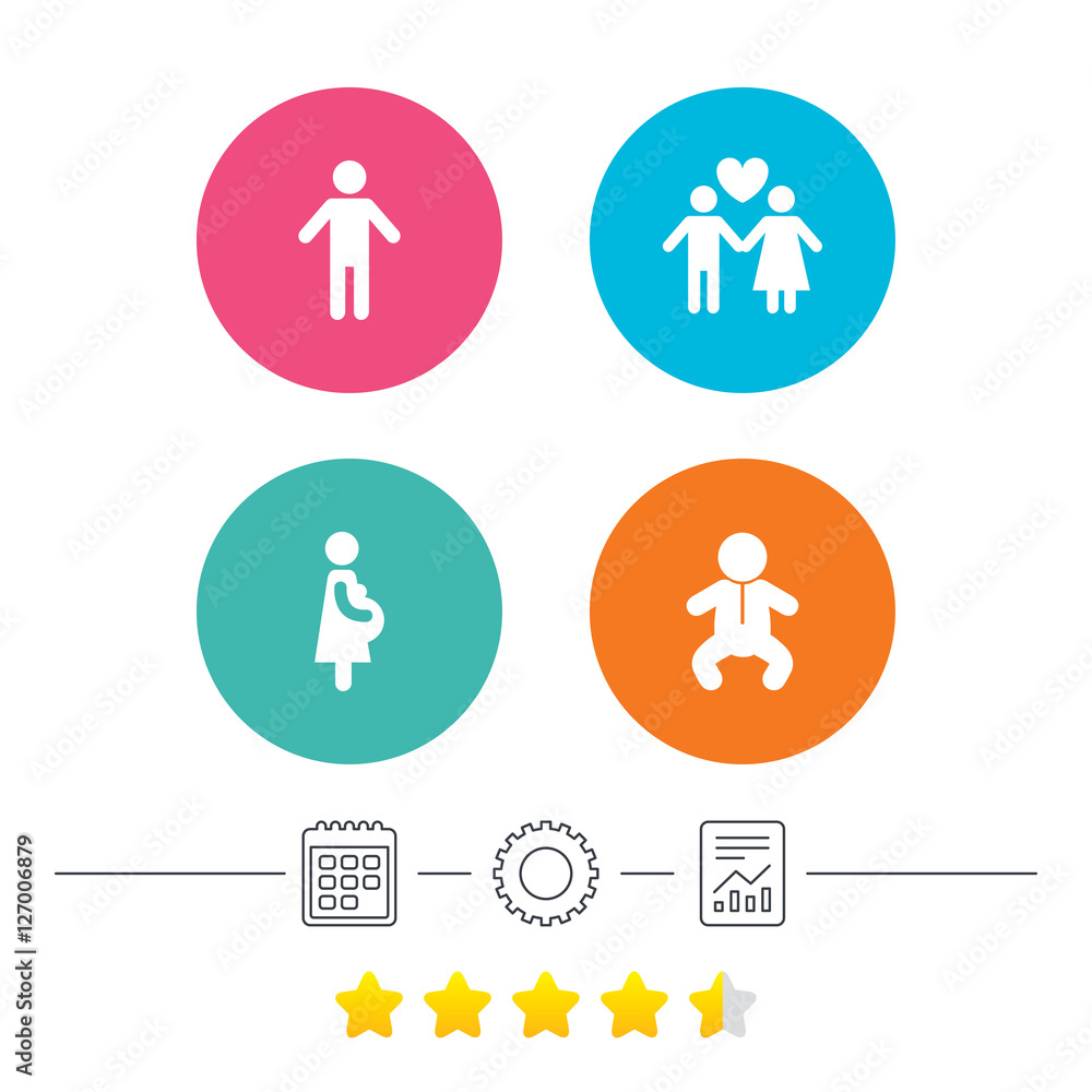 Family lifetime icons. Couple love, pregnancy and birth of a child symbols. Human male person sign. Calendar, cogwheel and report linear icons. Star vote ranking. Vector Family lifetime icons. Couple love, pregnancy and birth of a child symbols. Human male person sign. Calendar, cogwheel and report linear icons. Star vote ranking. Vector