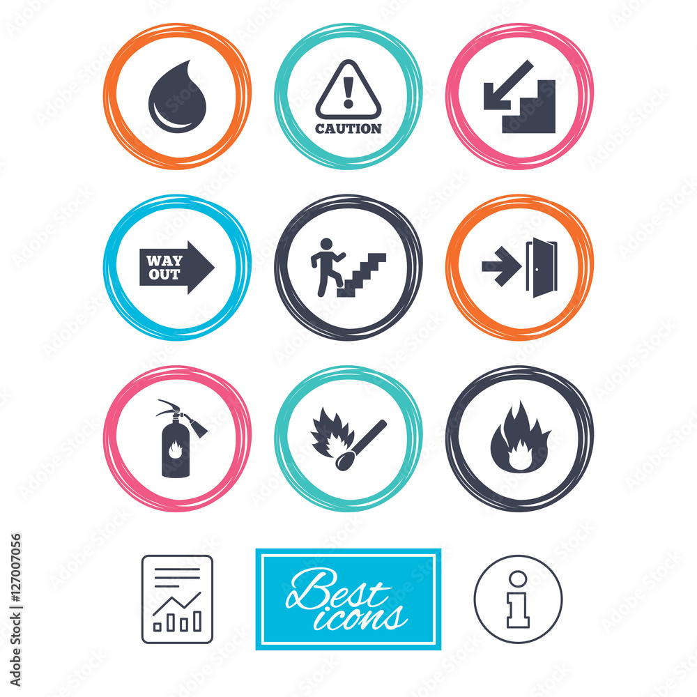 Fire safety, emergency icons. Fire extinguisher, exit and attention signs. Caution, water drop and way out symbols. Report document, information icons. Vector Fire safety, emergency icons. Fire extinguisher, exit and attention signs. Caution, water drop and way out symbols. Report document, information icons. Vector