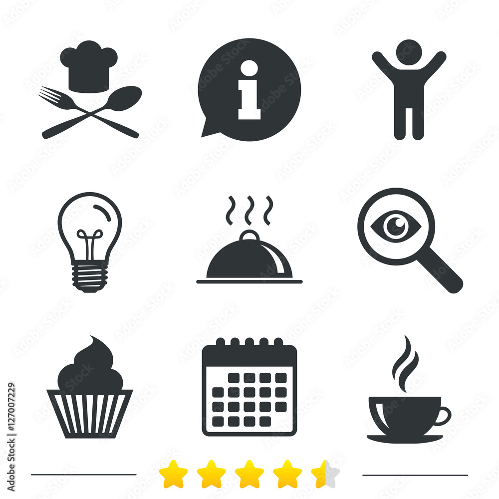 Food and drink icons. Muffin cupcake symbol. Fork and spoon with Chef hat sign. Hot coffee cup. Food platter serving. Information, light bulb and calendar icons. Investigate magnifier. Vector Food and drink icons. Muffin cupcake symbol. Fork and spoon with Chef hat sign. Hot coffee cup. Food platter serving. Information, light bulb and calendar icons. Investigate magnifier. Vector