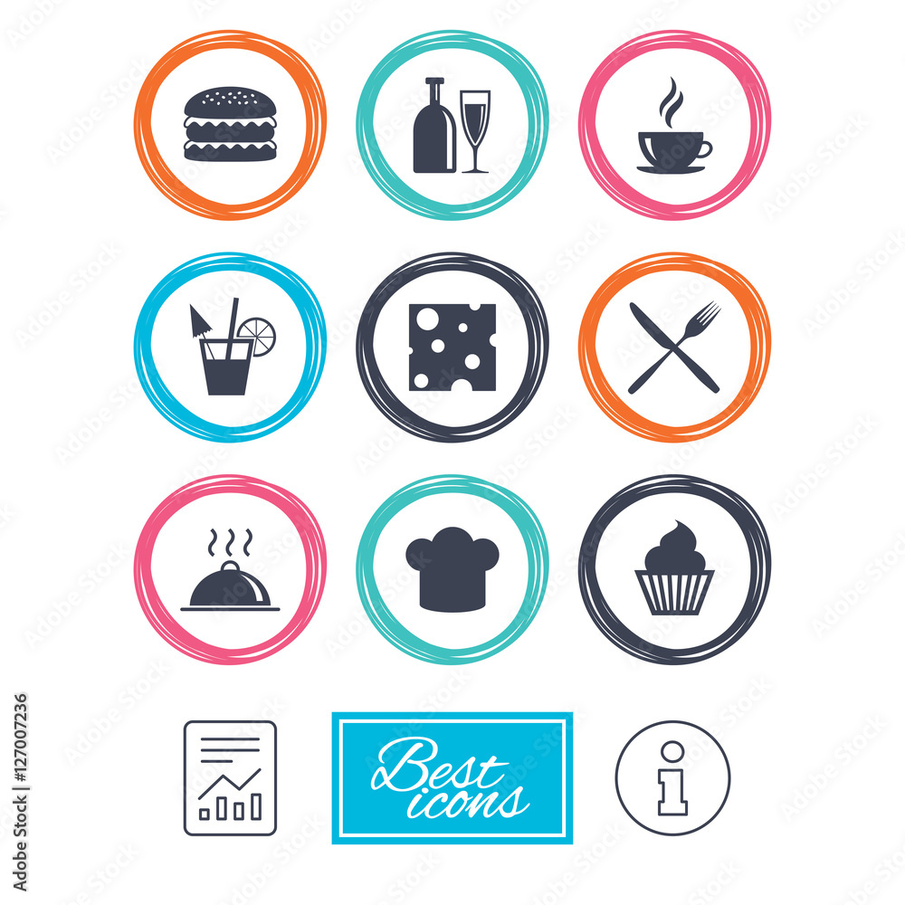Food, drink icons. Coffee and hamburger signs. Cocktail, cheese and cupcake symbols. Report document, information icons. Vector