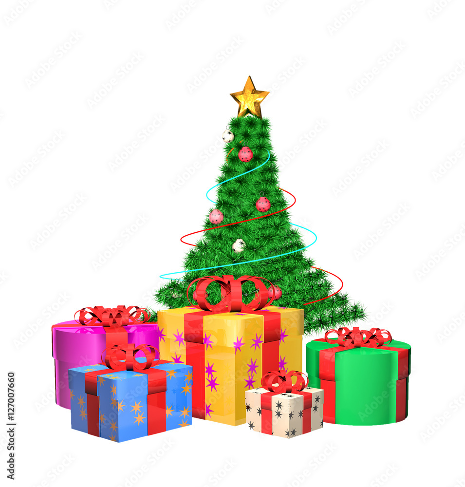 Christmas tree with gifts, isolated on white, 3d render Christmas tree with gifts, isolated on white, 3d render
