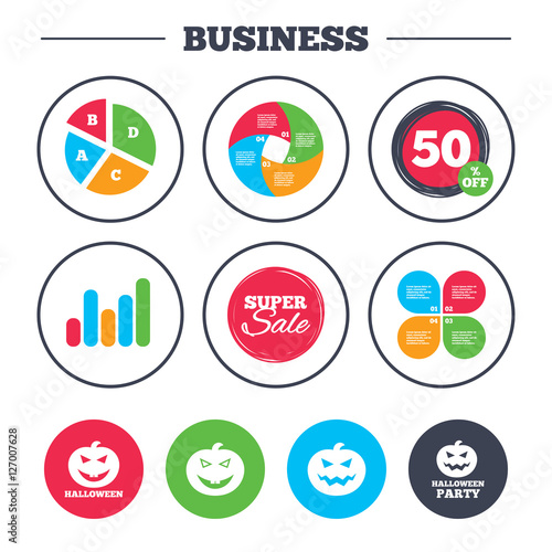 Business pie chart. Growth graph. Halloween pumpkin icons. Halloween party sign symbol. All Hallows Day celebration. Super sale and discount buttons. Vector