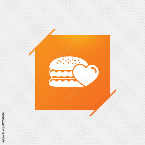 Hamburger icon. Burger food symbol. Cheeseburger sandwich sign. Orange square label on pattern. Vector