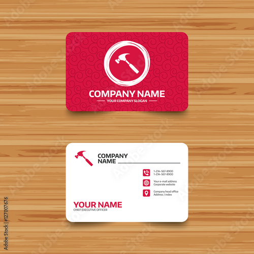 Business card template with texture. Hammer sign icon. Repair service symbol. Phone, web and location icons. Visiting card  Vector