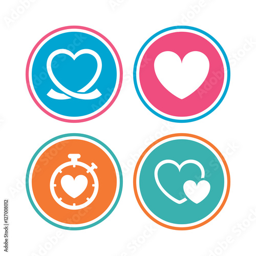 Heart ribbon icon. Timer stopwatch symbol. Love and Heartbeat palpitation signs. Colored circle buttons. Vector