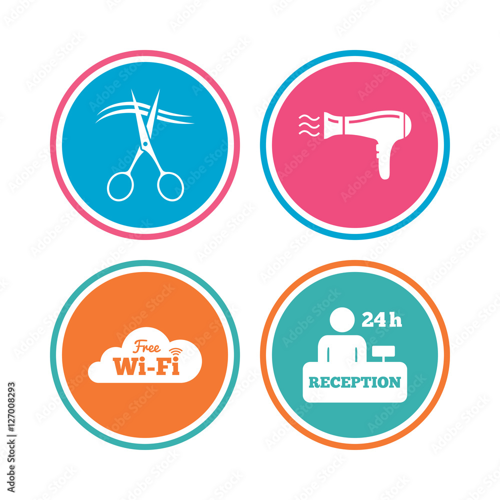 Hotel services icons. Wi-fi, Hairdryer in room signs. Wireless Network. Hairdresser or barbershop symbol. Reception registration table. Colored circle buttons. Vector Hotel services icons. Wi-fi, Hairdryer in room signs. Wireless Network. Hairdresser or barbershop symbol. Reception registration table. Colored circle buttons. Vector