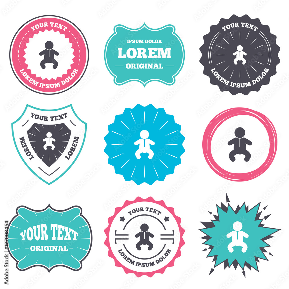 Label and badge templates. Baby infant sign icon. Toddler boy in pajamas or crawlers body symbol. Child WC toilet. Retro style banners, emblems. Vector
