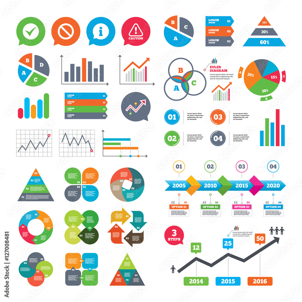 Business charts. Growth graph. Information icons. Stop prohibition and attention caution signs. Approved check mark symbol. Market report presentation. Vector Business charts. Growth graph. Information icons. Stop prohibition and attention caution signs. Approved check mark symbol. Market report presentation. Vector