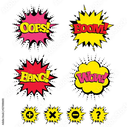 Comic Boom, Wow, Oops sound effects. Plus and minus icons. Delete and question FAQ mark signs. Enlarge zoom symbol. Speech bubbles in pop art. Vector