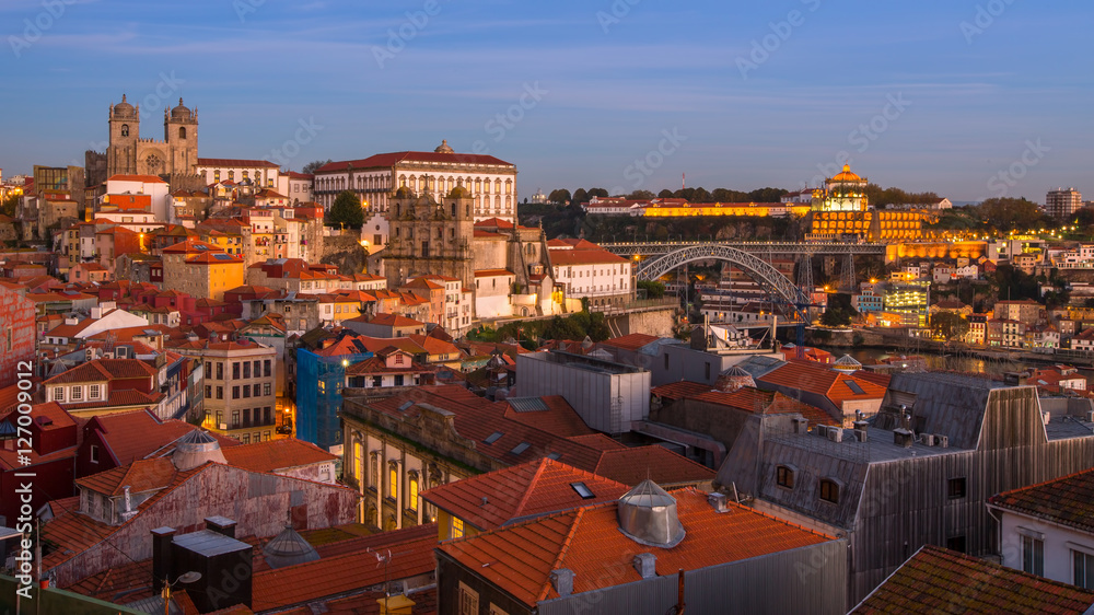 Top view on the historical centre of Porto at dusk, Portugal.