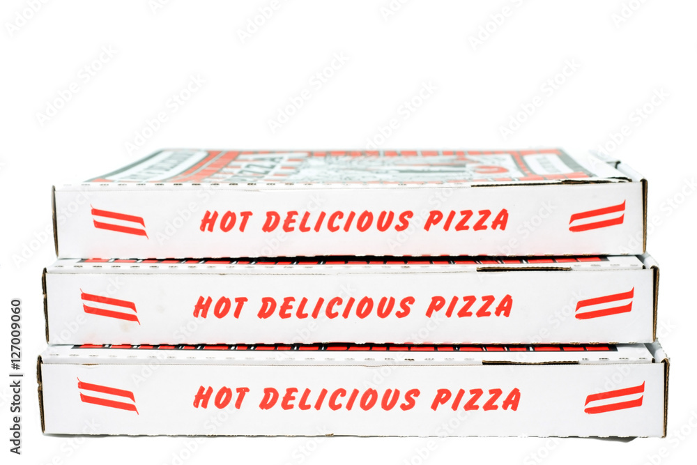 Stack of closed pizza boxes. Vertical. Stock Photo Adobe Stock
