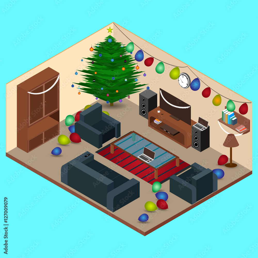 Isometric Christmas Room Interior at Living Room