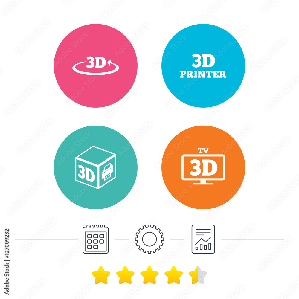 3d technology icons. Printer, rotation arrow sign symbols. Print cube. Calendar, cogwheel and report linear icons. Star vote ranking. Vector 3d technology icons. Printer, rotation arrow sign symbols. Print cube. Calendar, cogwheel and report linear icons. Star vote ranking. Vector