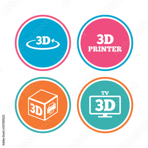 3d technology icons. Printer, rotation arrow sign symbols. Print cube. Colored circle buttons. Vector