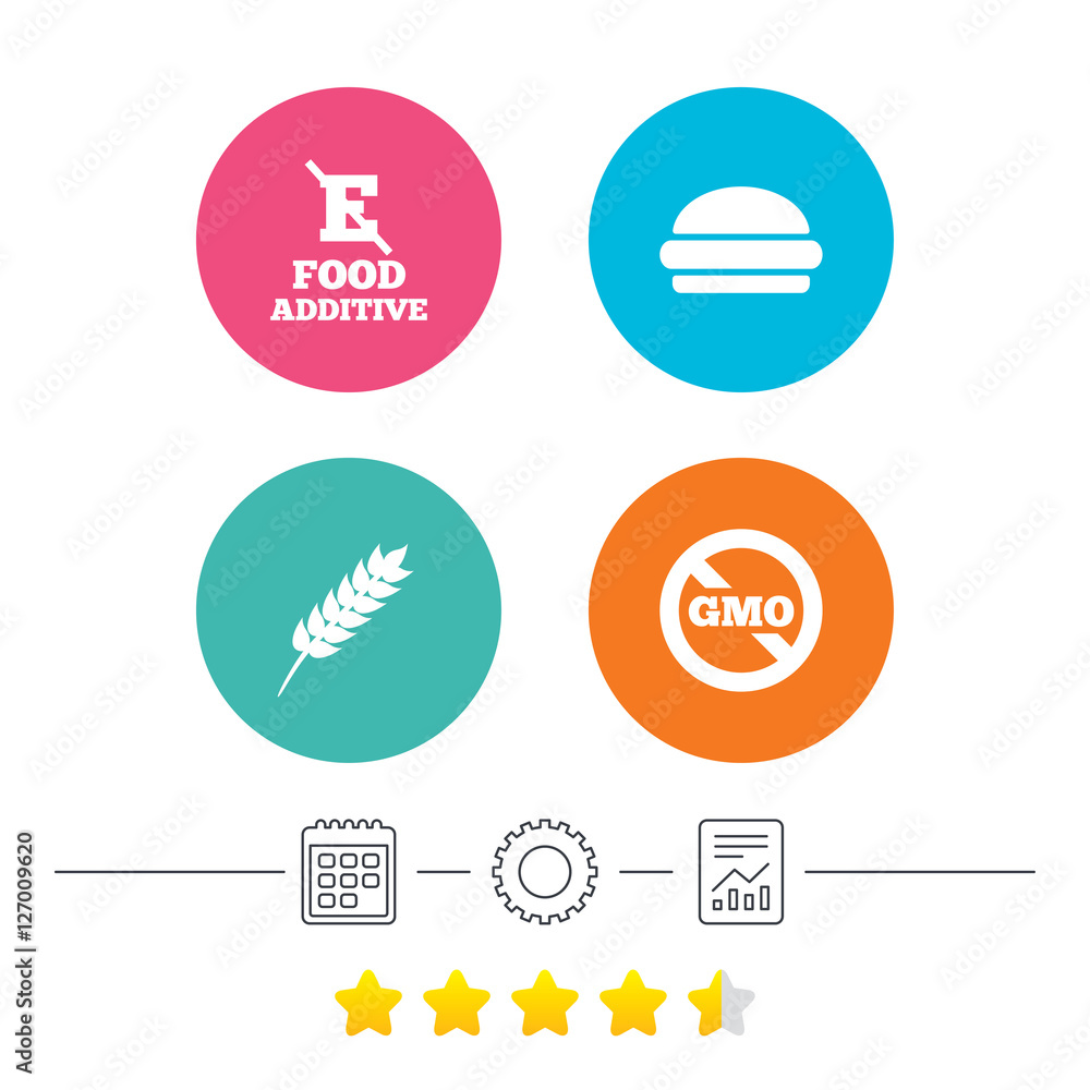 Food additive icon. Hamburger fast food sign. Gluten free and No GMO symbols. Without E acid stabilizers. Calendar, cogwheel and report linear icons. Star vote ranking. Vector