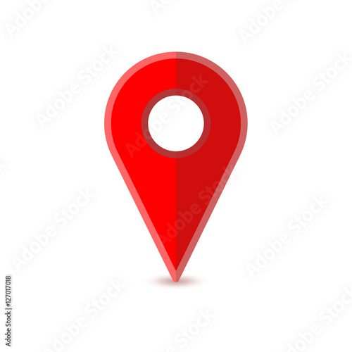 Glossy red flat map pin with shadow on white