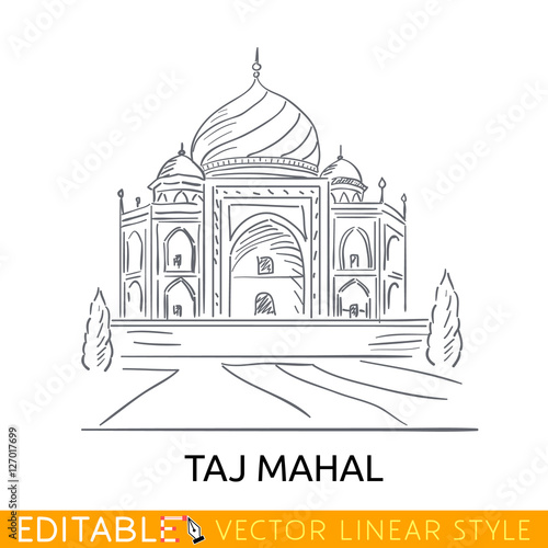 Outline sketch Taj Mahal. Famouse building. Seven wonders of the world. Tourism in India