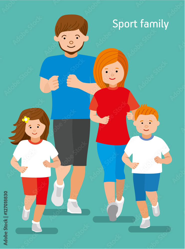 Happy sports family. Flat illustration.