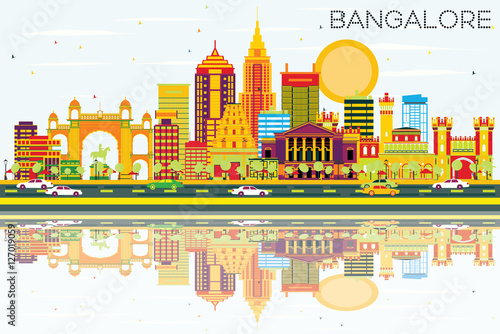 Bangalore Skyline with Color Buildings, Blue Sky and Reflections photo
