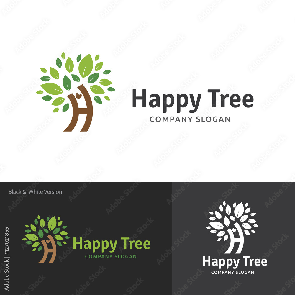Happy Tree logo template, H letter logo with tree concept design.