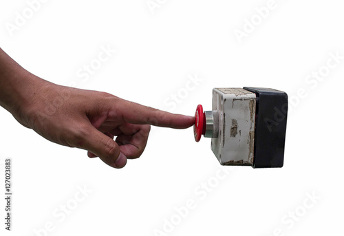 Male hand pushing emergency red stop button on a white background