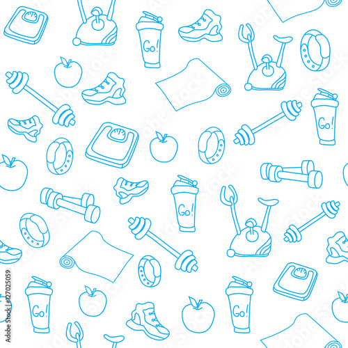 Hand drawn blue fitness equipment doodles. Gym seamless pattern. An apple, a sneaker, a sport watch, dumbbells, mats, scales, a barbell, a cycle and a shaker. Vector EPS10 illustration.