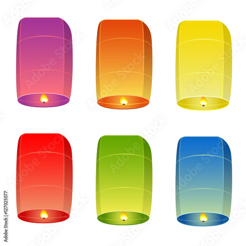 Colored sky lanterns on white background. Isolated collection of chinese paper balloons. Six colors. Vector EPS10 realistic illustration.