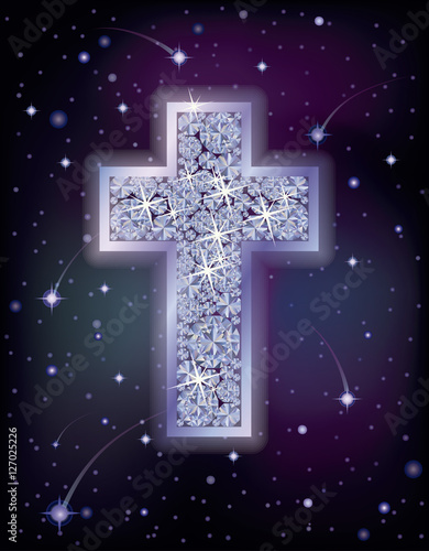 Brilliant cross in starry night sky, holiday background, vector illustration